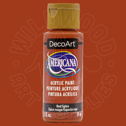 A bottle of DecoArt Americana acrylic paint in the 'Red Spice' color, featuring a gold cap and a black label with white text, set against a solid reddish-brown background.