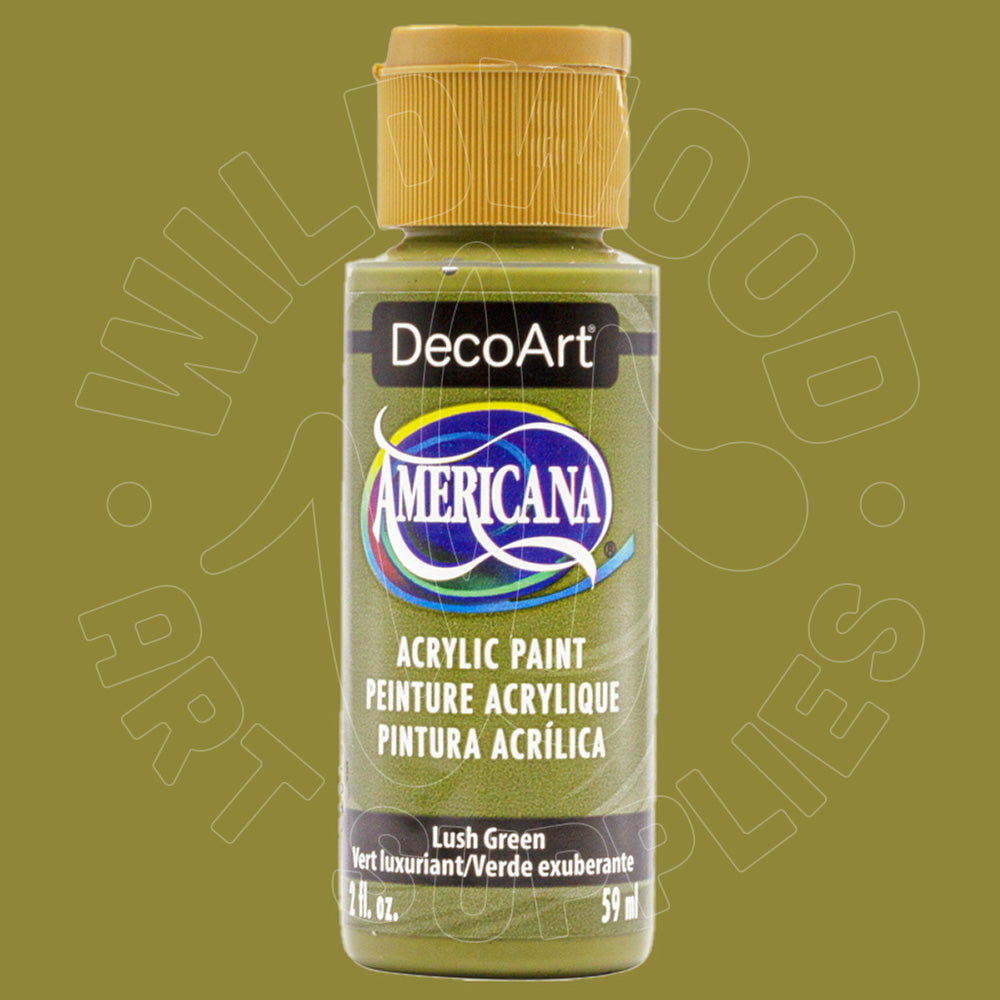 A bottle of DecoArt Americana Lush Green acrylic paint, 59 ml, shown against a solid olive green background with a faint watermark.