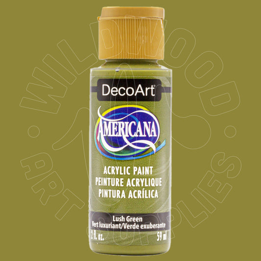 A bottle of DecoArt Americana Lush Green acrylic paint, 59 ml, shown against a solid olive green background with a faint watermark.