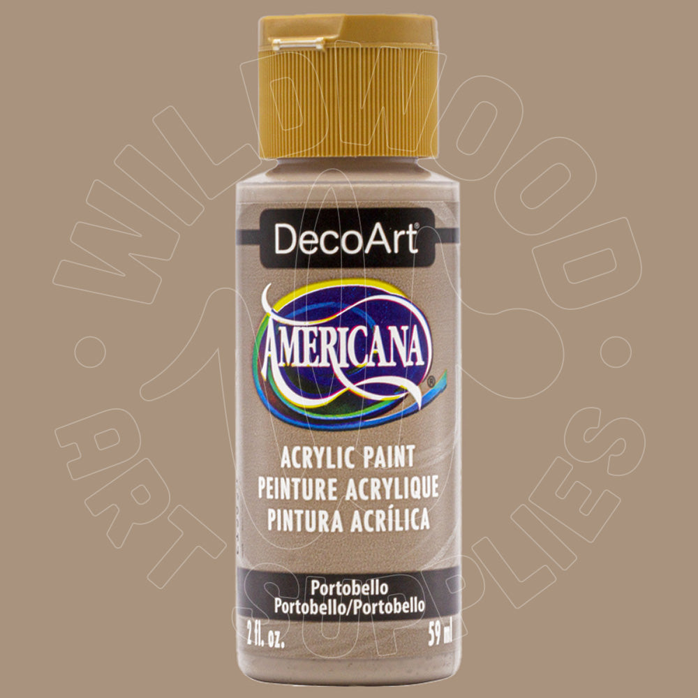 A bottle of DecoArt Americana acrylic paint in Portobello, featuring a gold cap and a beige label, set against a solid taupe background with a faint watermark.