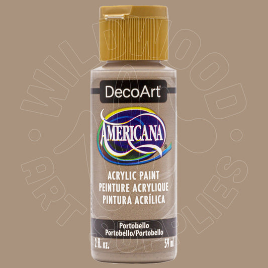 A bottle of DecoArt Americana acrylic paint in Portobello, featuring a gold cap and a beige label, set against a solid taupe background with a faint watermark.