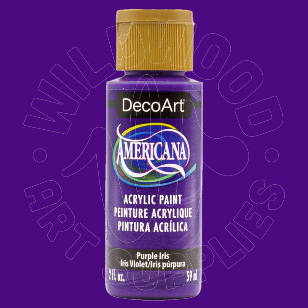 A bottle of DecoArt Americana acrylic paint in the color Purple Iris, featuring a purple label and a gold cap, set against a solid purple background.