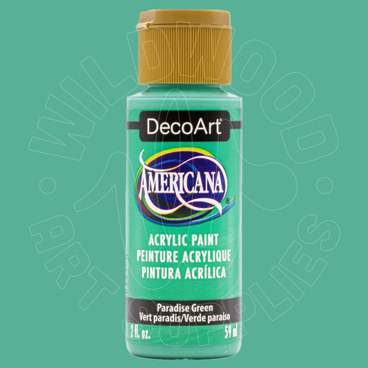 A bottle of DecoArt Americana acrylic paint in Paradise Green, featuring a gold cap and a green label, set against a solid teal-green background with a faint watermark.