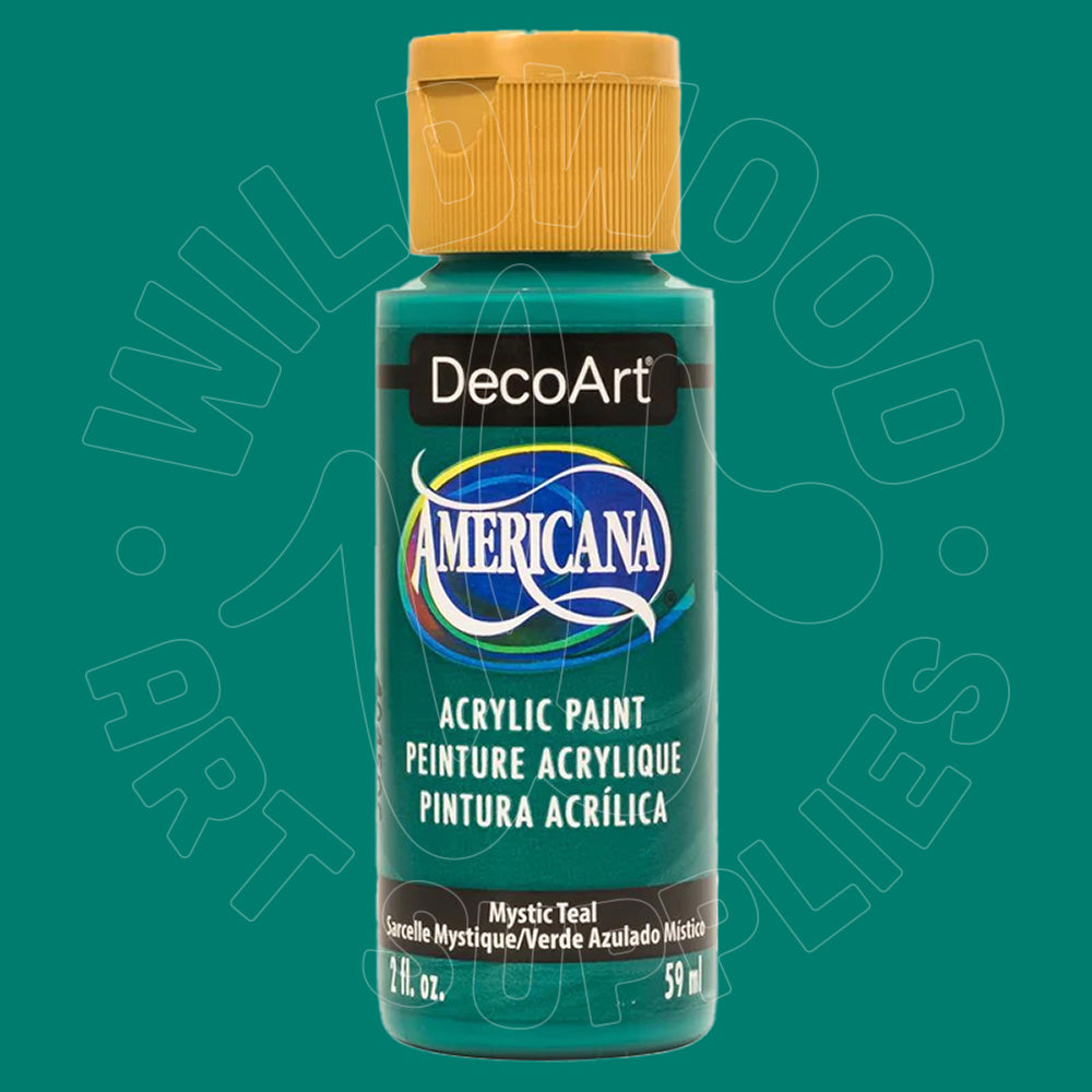 A bottle of DecoArt Americana acrylic paint in the color Mystic Teal, featuring a teal-green bottle, mustard yellow cap, and a white and blue logo on the front label.