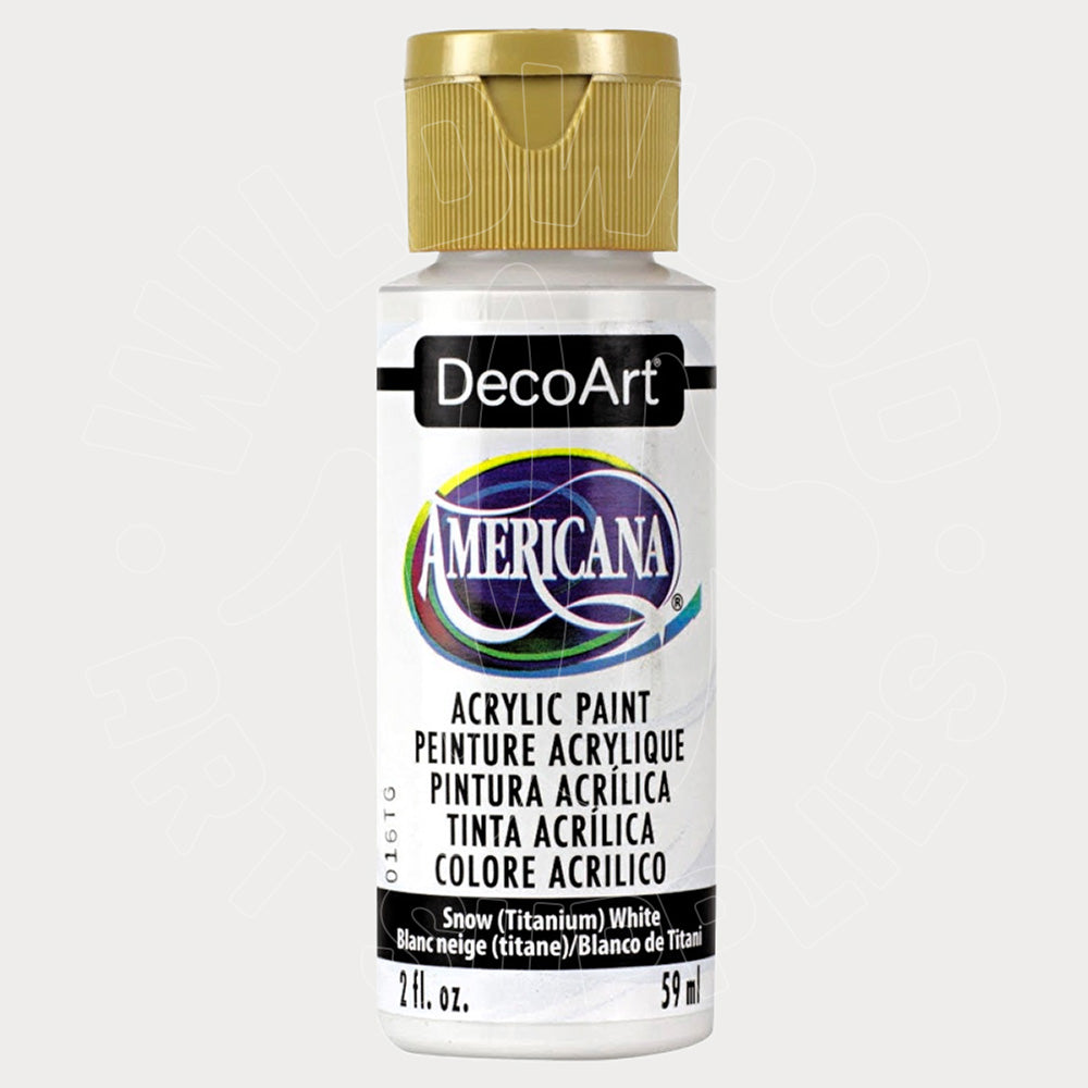 A bottle of DecoArt Americana acrylic paint in the color 'Snow (Titanium) White' with a gold cap, shown against a light gray background.