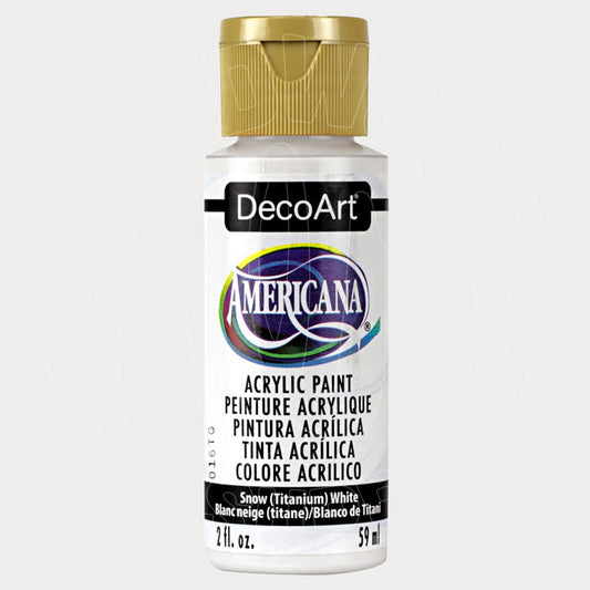 A bottle of DecoArt Americana acrylic paint in the color 'Snow (Titanium) White' with a gold cap, shown against a light gray background.
