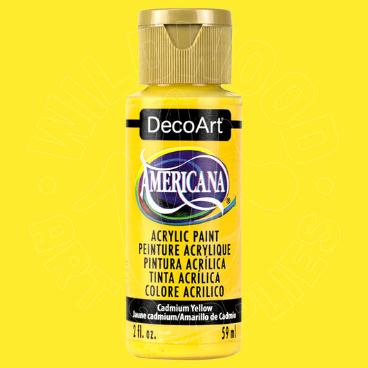 A bottle of DecoArt Americana acrylic paint in Cadmium Yellow, featuring a gold cap and a bright yellow label, set against a solid yellow background.