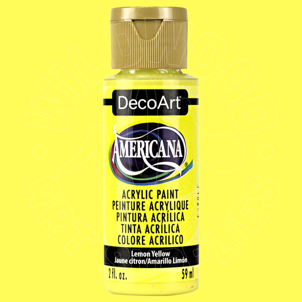 A bottle of DecoArt Americana acrylic paint in Lemon Yellow, featuring a gold cap and a yellow label, set against a solid bright yellow background.