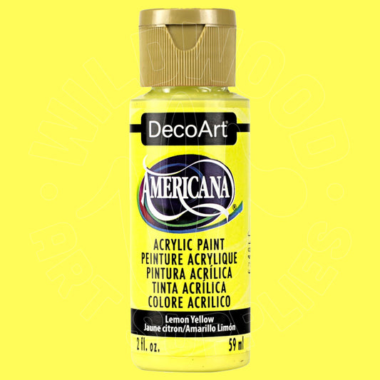 A bottle of DecoArt Americana acrylic paint in Lemon Yellow, featuring a gold cap and a yellow label, set against a solid bright yellow background.