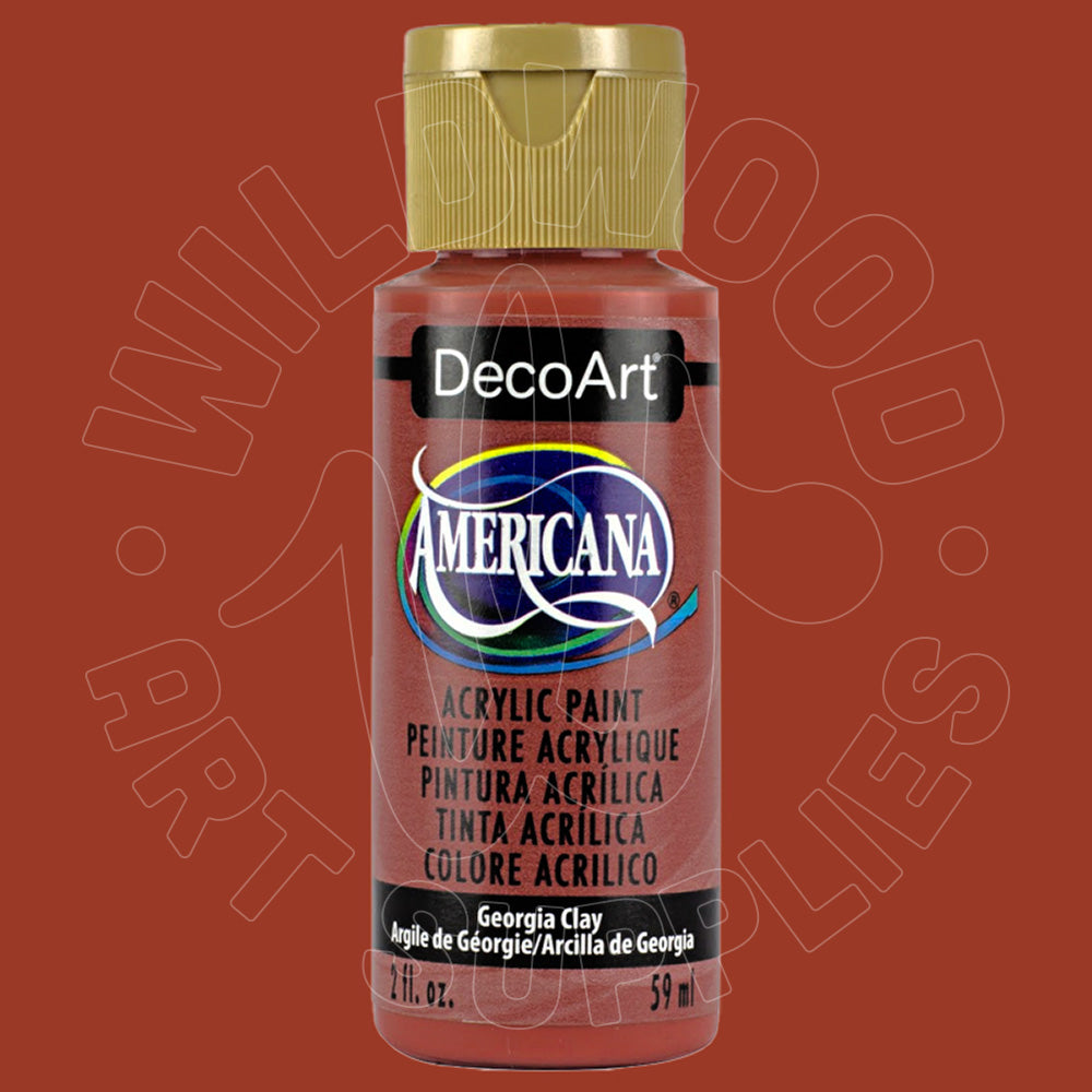 A bottle of DecoArt Americana acrylic paint in the color 'Georgia Clay' against a solid terracotta background. The bottle has a gold cap and a black label with the DecoArt and Americana logos.