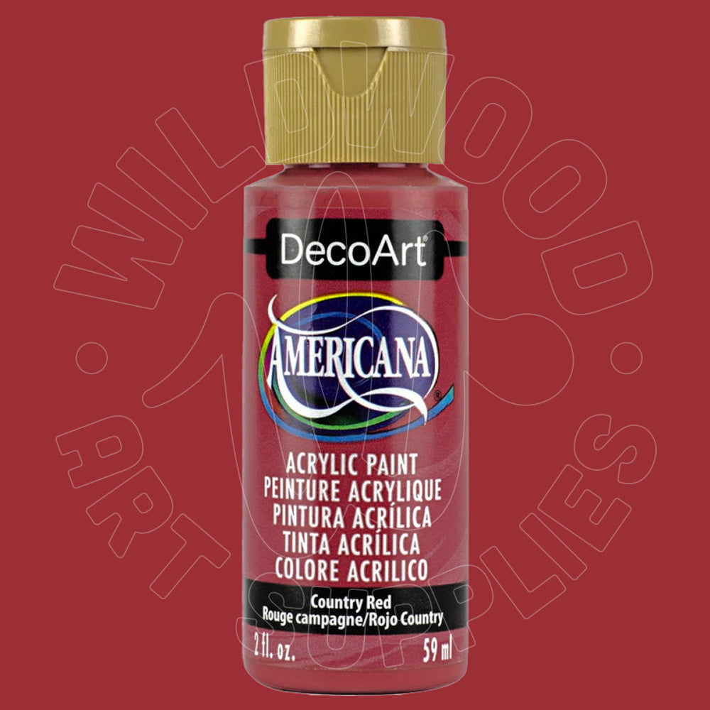 A bottle of DecoArt Americana acrylic paint in Country Red, featuring a gold cap and a red label, set against a solid red background with a faint watermark.