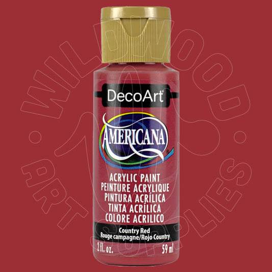 A bottle of DecoArt Americana acrylic paint in Country Red, featuring a gold cap and a red label, set against a solid red background with a faint watermark.