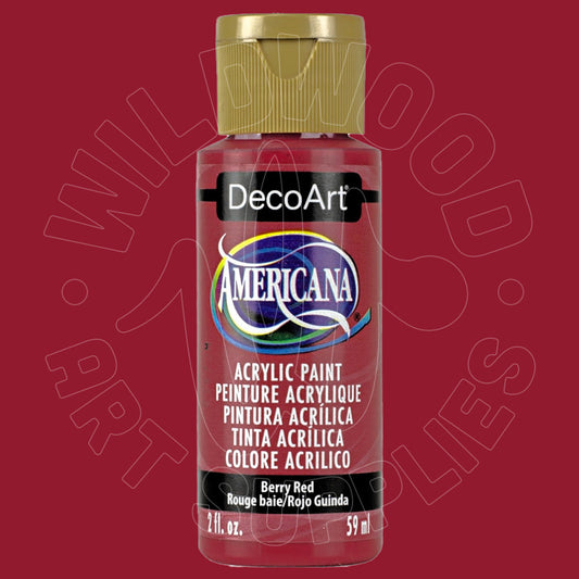 A bottle of DecoArt Americana acrylic paint in the color Berry Red, featuring a gold cap and a clear bottle showing the red paint inside, set against a solid dark red background.