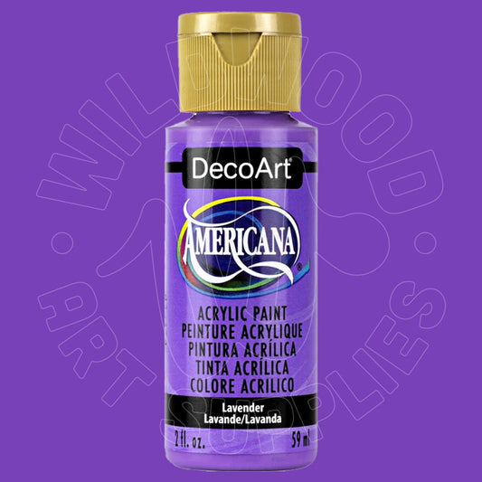 A bottle of DecoArt Americana acrylic paint in Lavender, featuring a purple body, a gold cap, and a black label with white text, set against a solid purple background.
