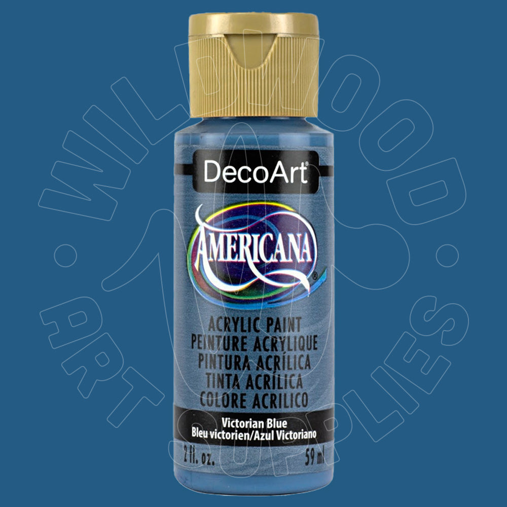 A bottle of DecoArt Americana acrylic paint in the color Victorian Blue, featuring a gold cap and a blue label, set against a solid blue background with a faint watermark.