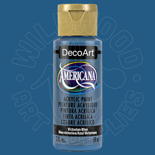 A bottle of DecoArt Americana acrylic paint in the color Victorian Blue, featuring a gold cap and a blue label, set against a solid blue background with a faint watermark.