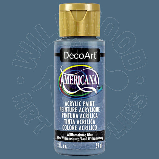 A bottle of DecoArt Americana acrylic paint in the color Williamsburg Blue, featuring a gold cap and a blue-gray bottle, set against a solid blue-gray background with a faint watermark.