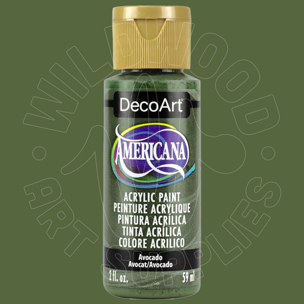 A bottle of DecoArt Americana acrylic paint in the shade Avocado, featuring a gold cap and a green label with purple and blue accents, set against a solid olive green background.