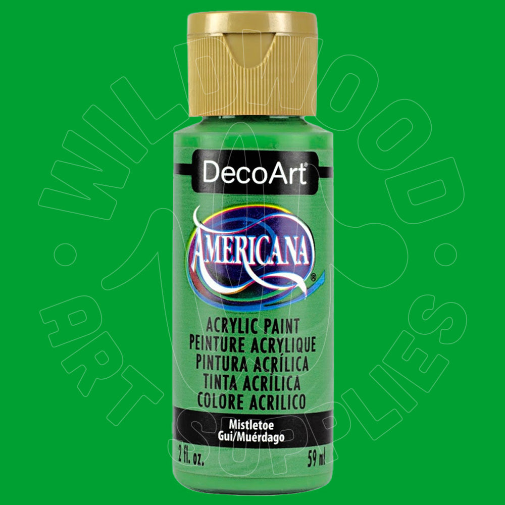 A bottle of DecoArt Americana acrylic paint in the color 'Mistletoe Gui/Muérdago', featuring a green body, gold cap, and black label details, set against a solid green background with a faint watermark.