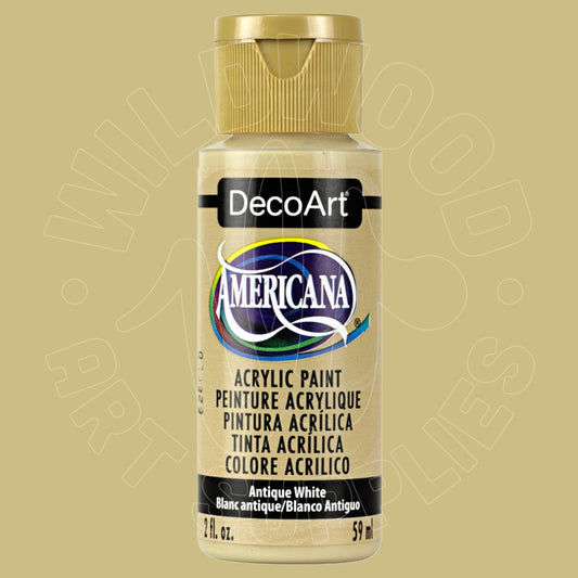 A bottle of DecoArt Americana acrylic paint in the color Antique White, with a gold cap, shown against a solid beige background.