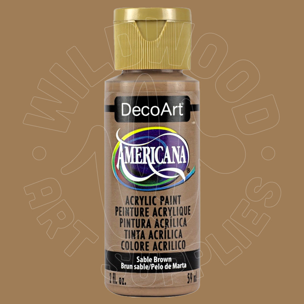 A bottle of DecoArt Americana Sable Brown acrylic paint with a gold cap, centered on a solid brown background with a faint watermark.