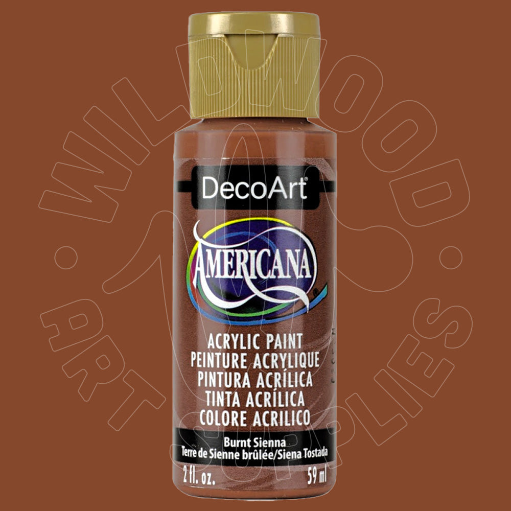A bottle of DecoArt Americana acrylic paint in the color Burnt Sienna, featuring a brown body, a gold cap, and a black label with white and blue branding.