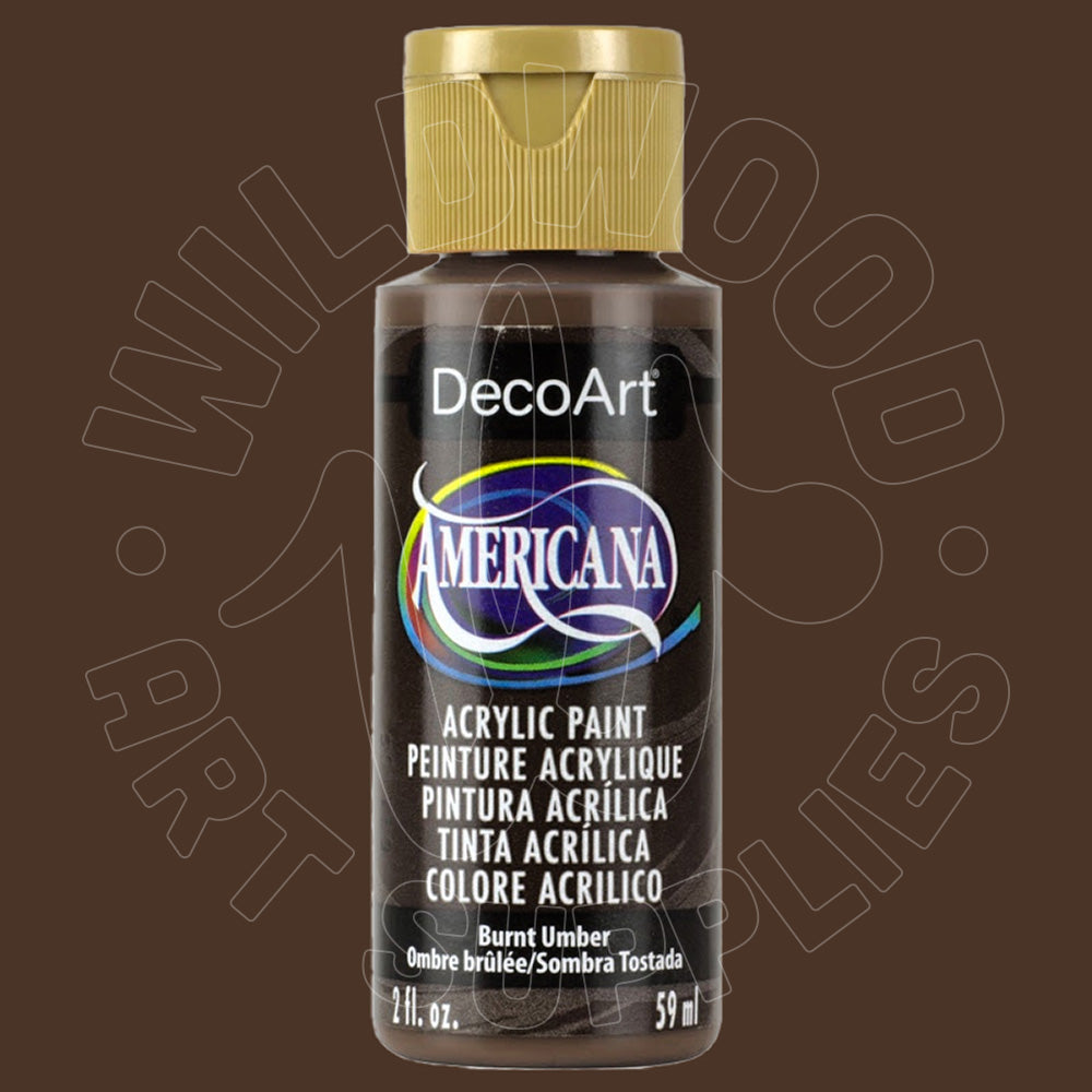 A bottle of DecoArt Americana acrylic paint in the color Burnt Umber, featuring a gold cap and a black label with white text, set against a dark brown background with a faint watermark.