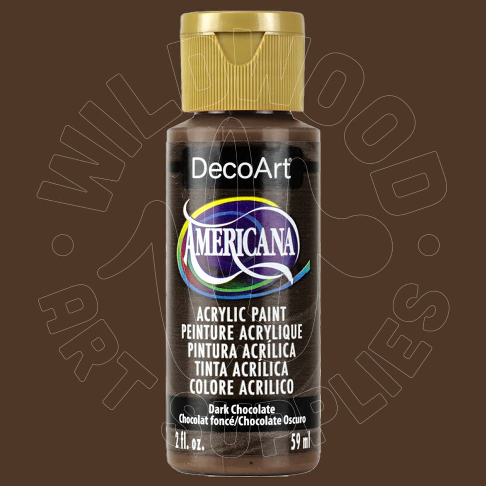 A bottle of DecoArt Americana acrylic paint in the color 'Dark Chocolate' (chocolate oscuro), featuring a gold cap and a black label with a colorful logo, set against a solid dark brown background.