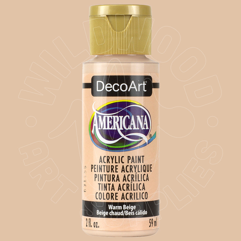 A bottle of DecoArt Americana acrylic paint in the color Warm Beige, featuring a gold cap and a beige label, set against a solid beige background.