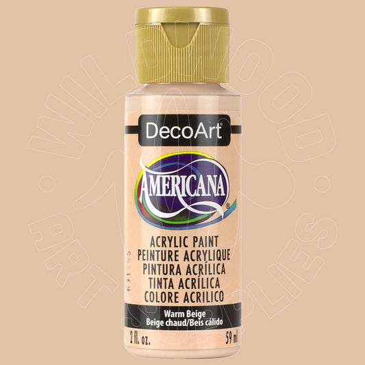 A bottle of DecoArt Americana acrylic paint in the color Warm Beige, featuring a gold cap and a beige label, set against a solid beige background.