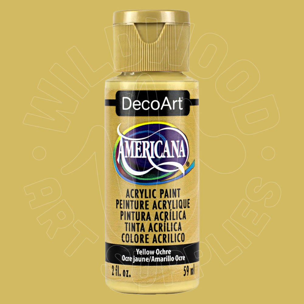 A bottle of DecoArt Americana Yellow Ochre acrylic paint, 2 fl. oz.