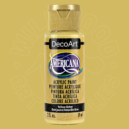 A bottle of DecoArt Americana Yellow Ochre acrylic paint, 2 fl. oz.