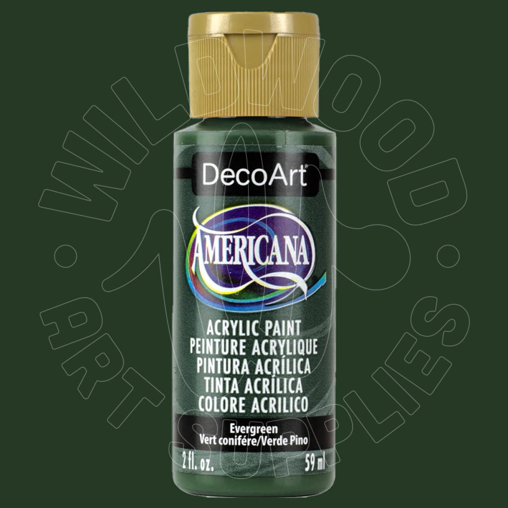 A bottle of DecoArt Americana acrylic paint in the color Evergreen, featuring a dark green label and a gold cap, set against a dark green background with a faint watermark.