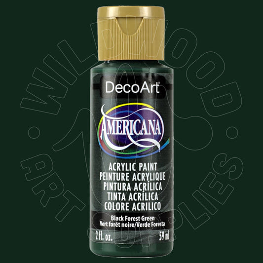A bottle of DecoArt Americana acrylic paint in Black Forest Green, featuring a gold cap and a black label with white text, set against a dark green background with a faint watermark.