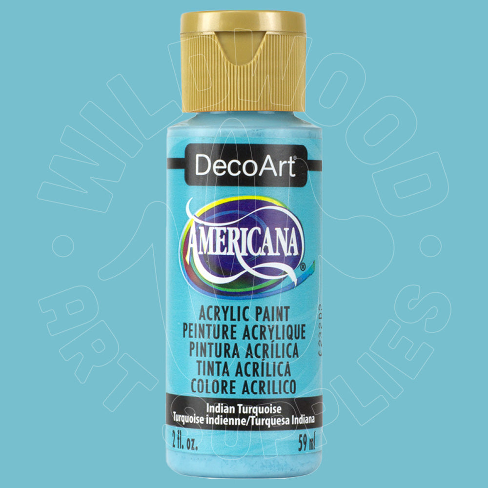 A bottle of DecoArt Americana acrylic paint in the color Indian Turquoise, featuring a light blue label and a gold cap, set against a solid light blue background.