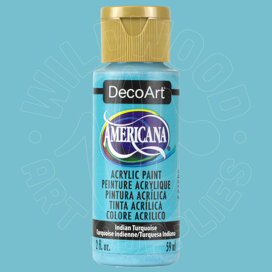 A bottle of DecoArt Americana acrylic paint in the color Indian Turquoise, featuring a light blue label and a gold cap, set against a solid light blue background.