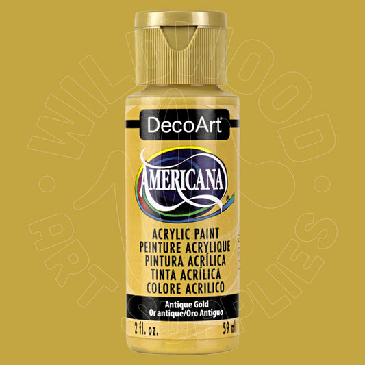 A bottle of DecoArt Americana acrylic paint in the color Antique Gold, shown against a matching gold background.