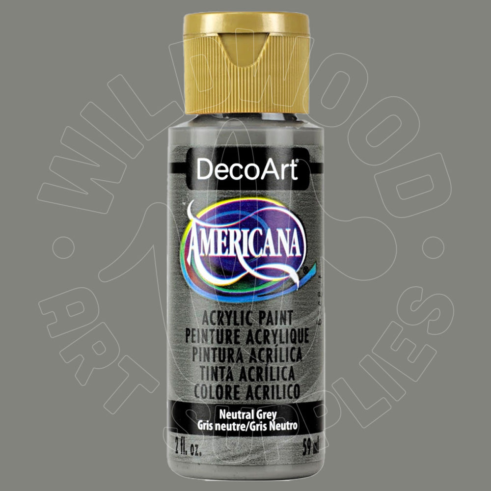 A bottle of DecoArt Americana acrylic paint in the Neutral Grey shade, featuring a metallic gold cap and a black label with a colorful logo, set against a solid gray background.