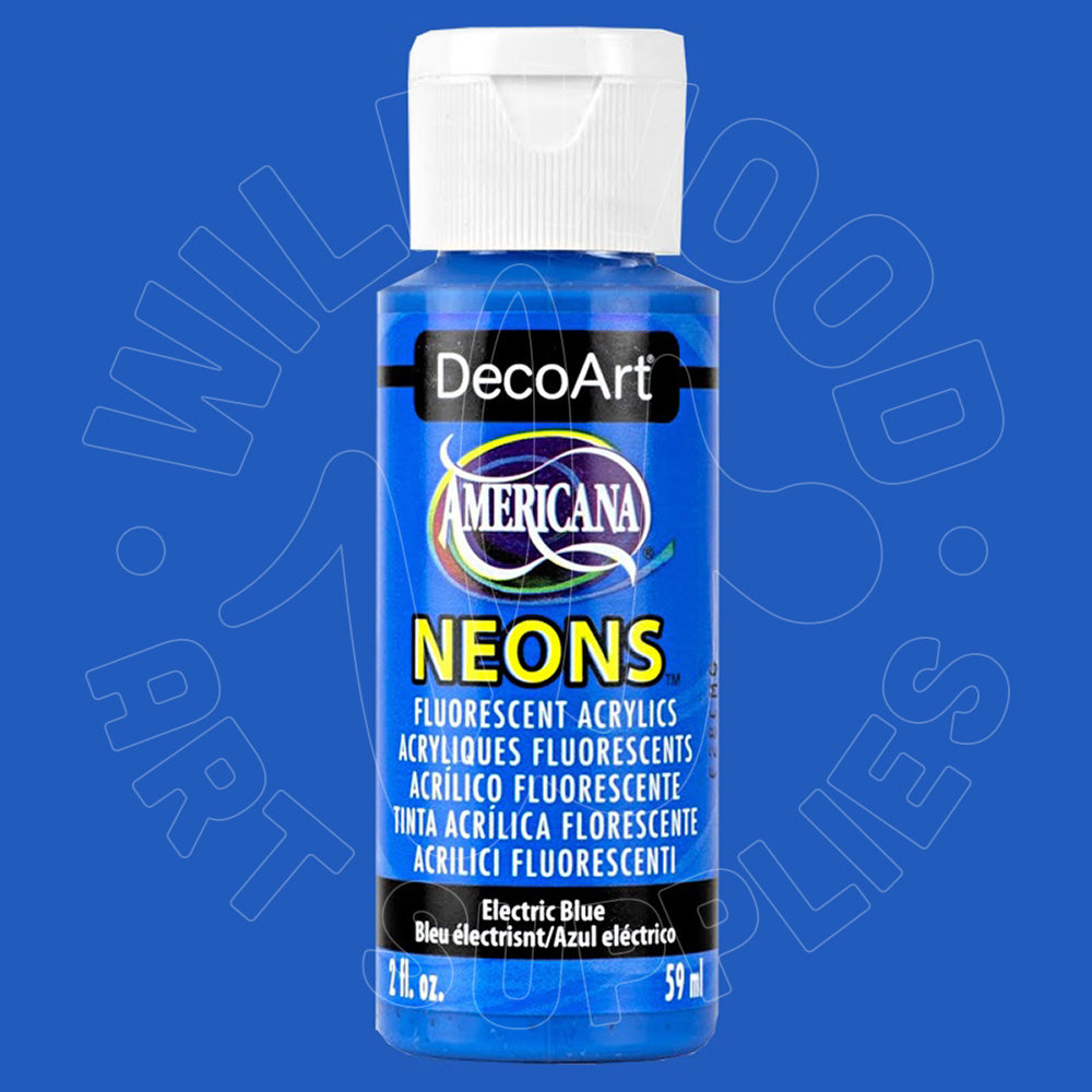A bottle of DecoArt Americana Neons Electric Blue fluorescent acrylic paint, shown against a solid blue background with a faint watermark.