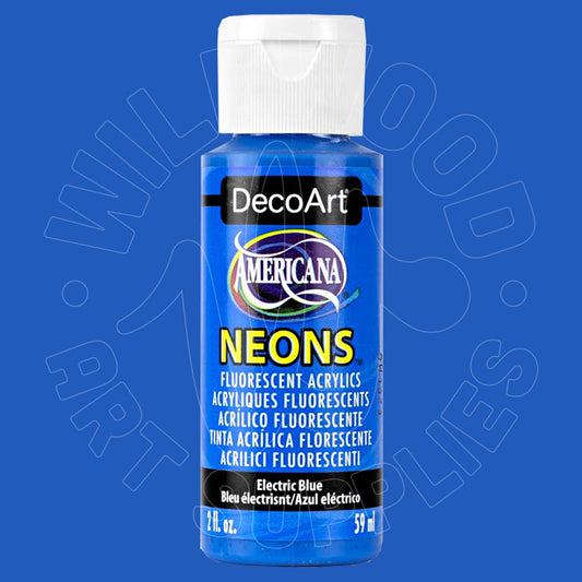A bottle of DecoArt Americana Neons Electric Blue fluorescent acrylic paint, shown against a solid blue background with a faint watermark.