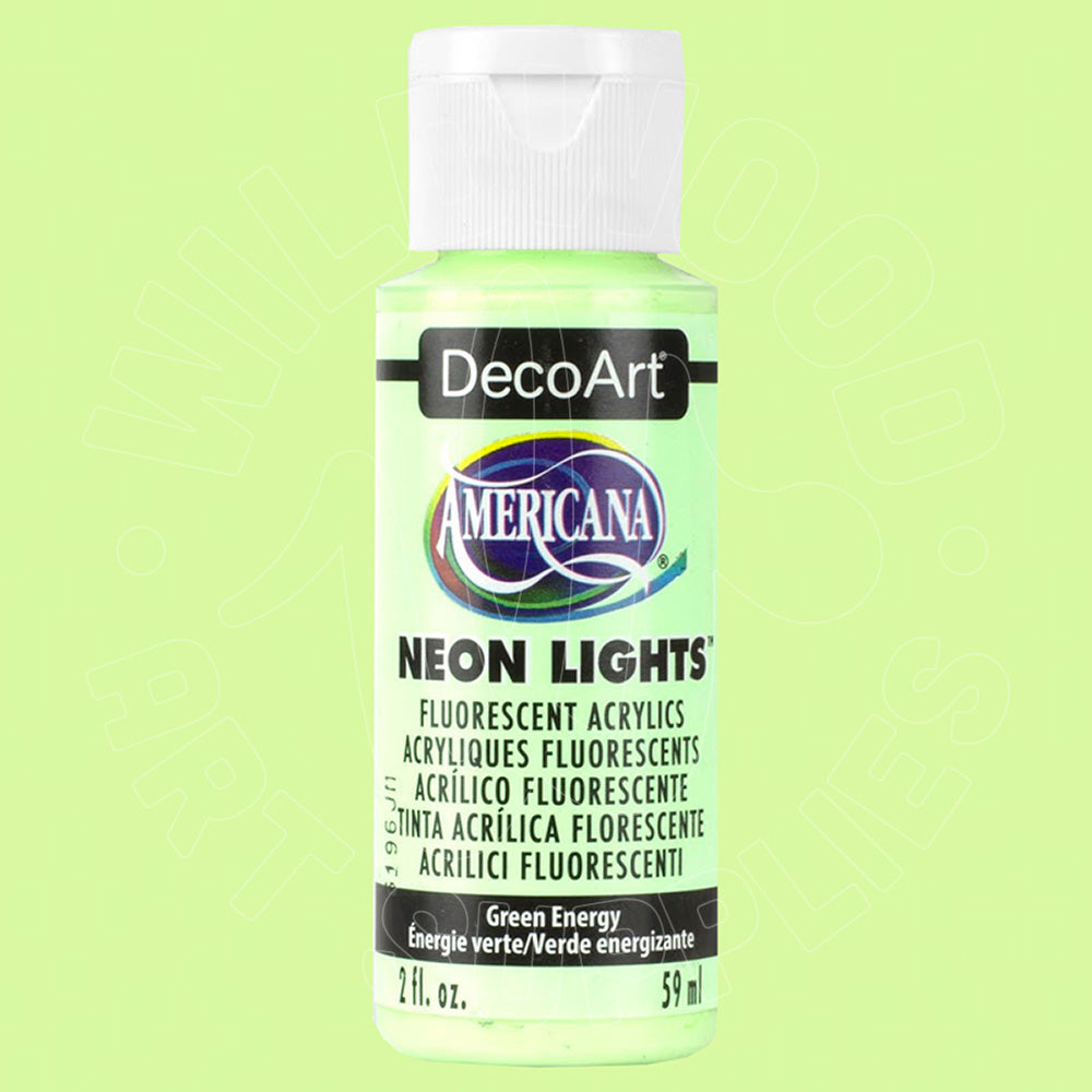 A bottle of DecoArt Americana Neon Lights acrylic paint in the color 'Green Energy', featuring a white cap and a light green body, set against a matching light green background.