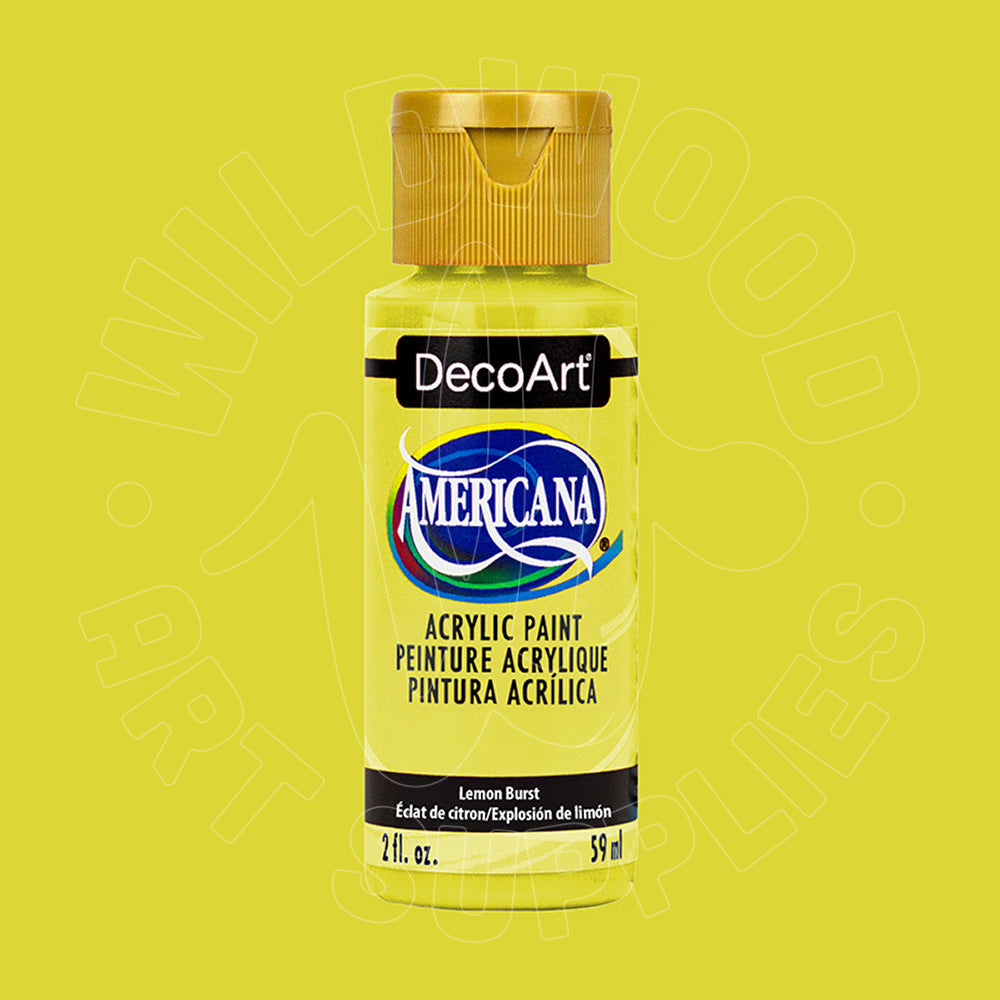 A bottle of DecoArt Americana acrylic paint in the Lemon Burst color, featuring a bright yellow-green body and a gold cap, set against a matching yellow-green background.