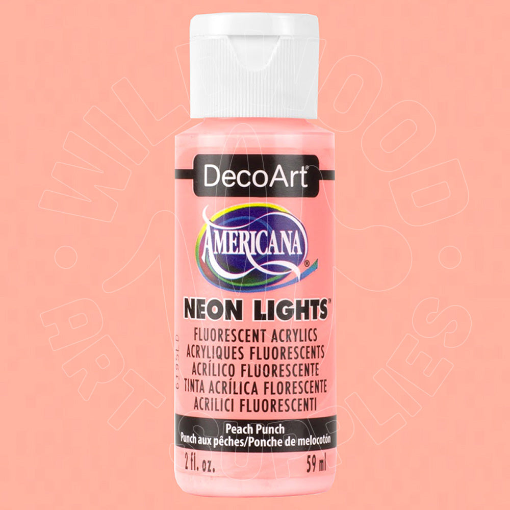 A bottle of DecoArt Americana Neon Lights fluorescent acrylic paint in the color 'Peach Punch', featuring a white cap and a pink label, set against a solid peach-pink background.