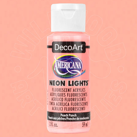 A bottle of DecoArt Americana Neon Lights fluorescent acrylic paint in the color 'Peach Punch', featuring a white cap and a pink label, set against a solid peach-pink background.