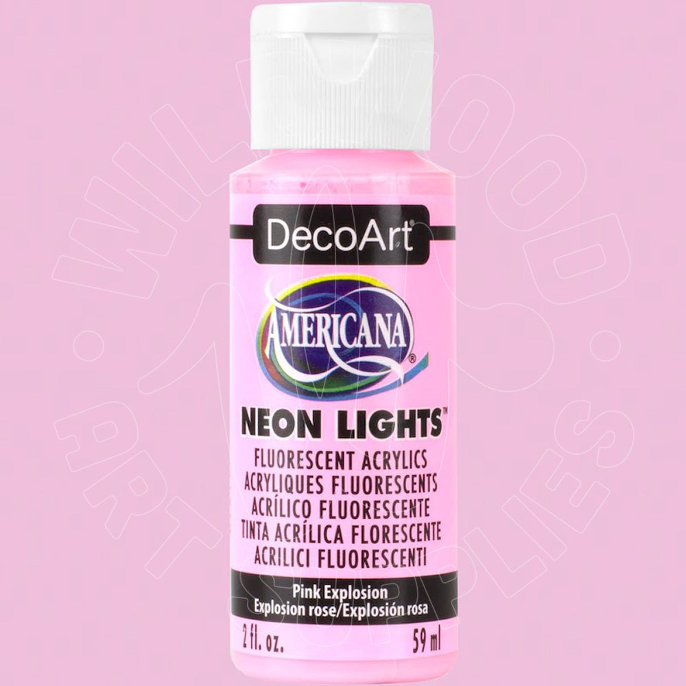 A bottle of DecoArt Americana Neon Lights fluorescent acrylic paint in the color Pink Explosion, featuring a pink label and white cap on a light pink background.