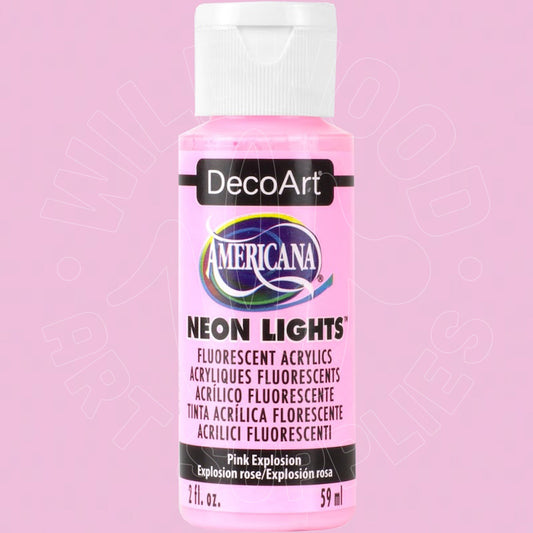 A bottle of DecoArt Americana Neon Lights fluorescent acrylic paint in the color Pink Explosion, featuring a pink label and white cap on a light pink background.