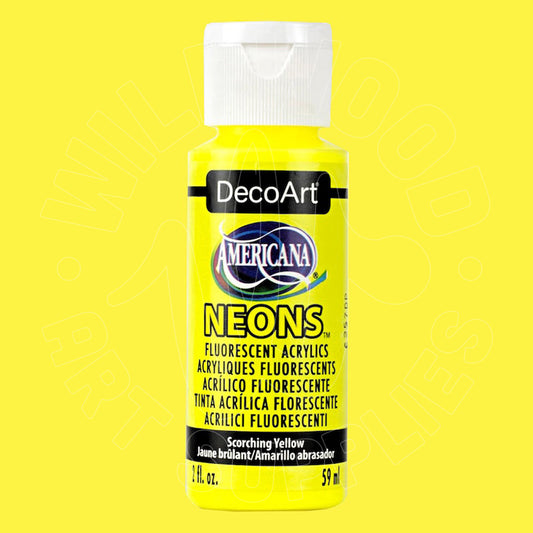 A bottle of DecoArt Americana Neons Acrylic Paint in the color 'Scorching Yellow' (59 ml), shown against a solid bright yellow background.
