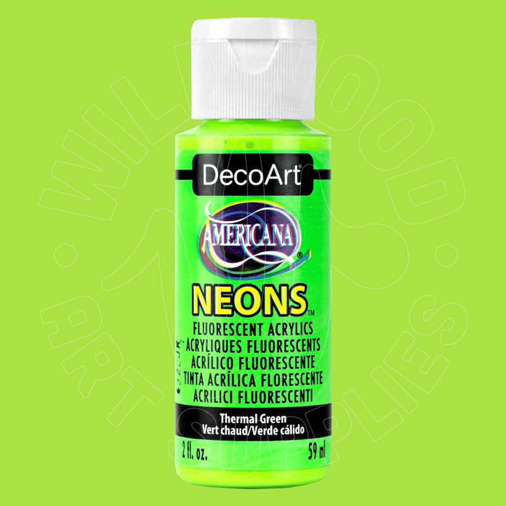 A bottle of DecoArt Americana Neons Thermal Green fluorescent acrylic paint, 2 fl. oz.