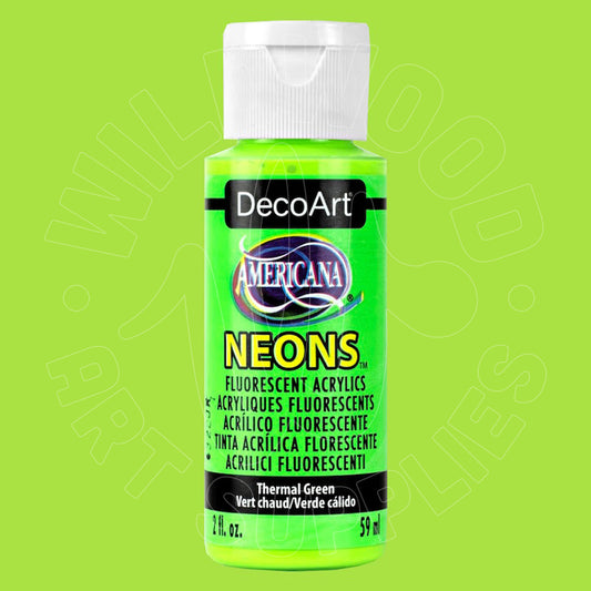 A bottle of DecoArt Americana Neons Thermal Green fluorescent acrylic paint, 2 fl. oz.
