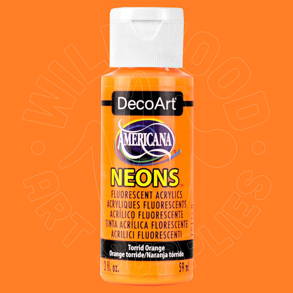 A bottle of DecoArt Americana Neons Torrid Orange fluorescent acrylic paint, shown against a solid orange background.